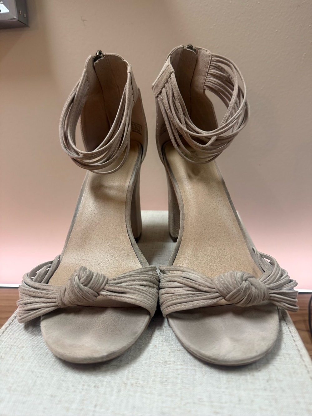 Knot Front Ankle-Tie Block Heel Sandals - Taupe